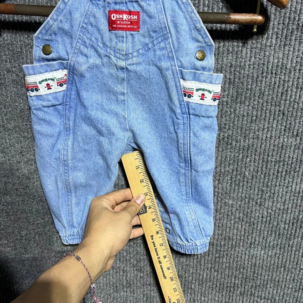 Vintage OshKosh B Gosh Overalls‎ Kids 12-18M Blue Fire Truck Denim Bib USA Made